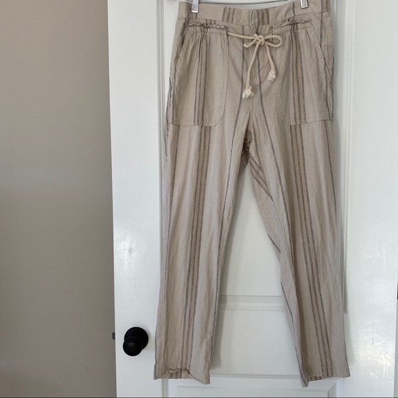 Anthropologie Striped Seashore Tan Linen/Cotton Blend Crop Pant w Rope Ties - Picture 13 of 14